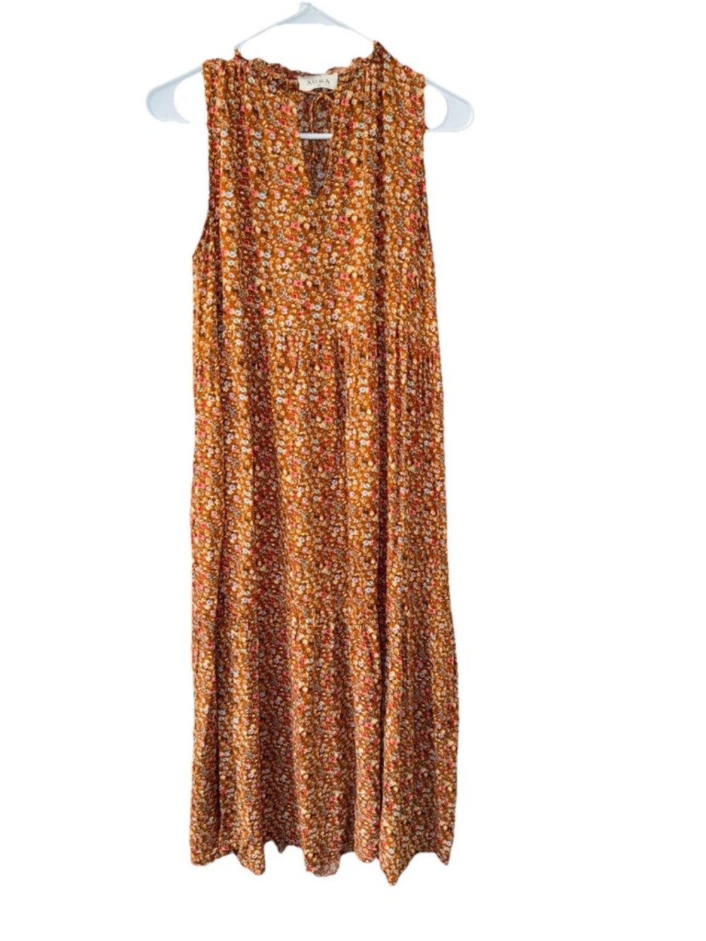 Free People Aura Women’s Autumn Dress Floral Burnt Orange Brown Tiered Rayon S